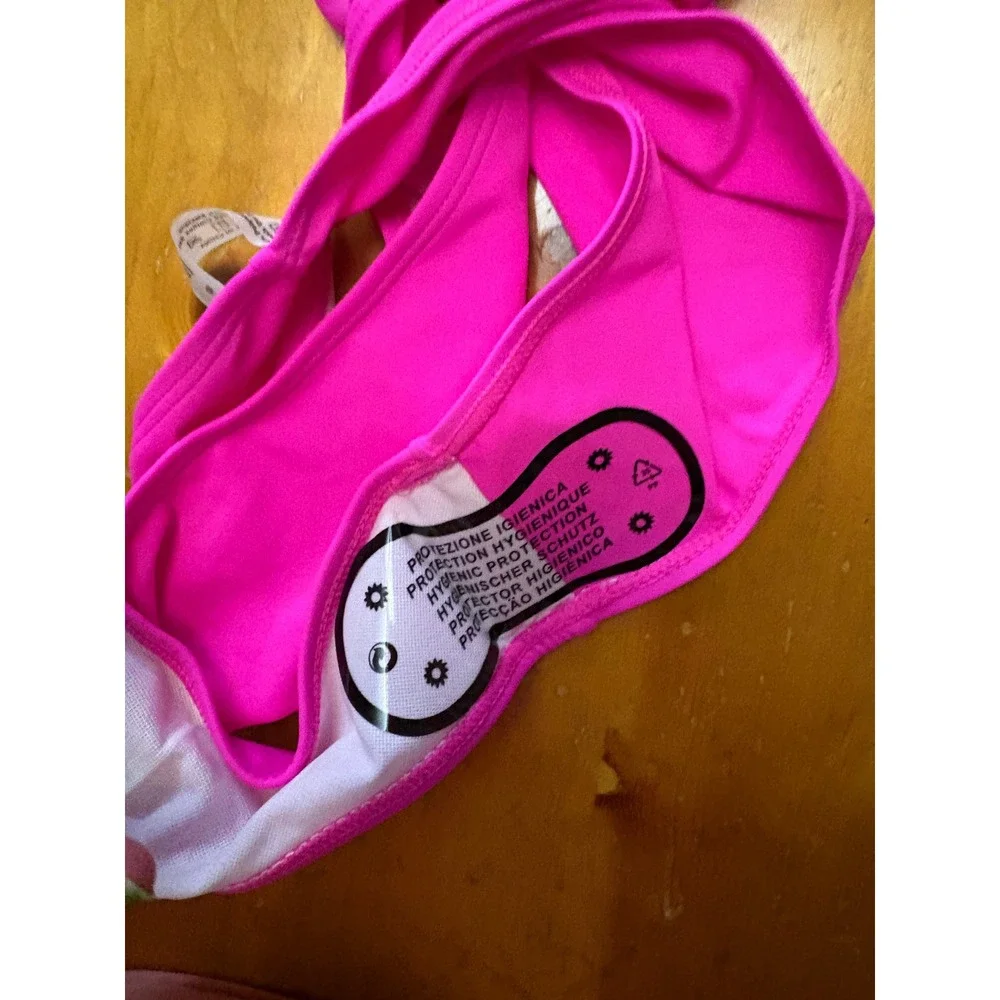 Neon Pink Orange Colorblock One Shoulder Cutout Bikini Set High Waist Small